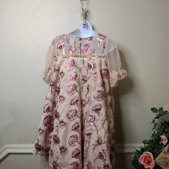 Disney Store Girl's "Belle" Pink Embroidered & Sequinned Rose Patterned Dress - Picture 6 of 11